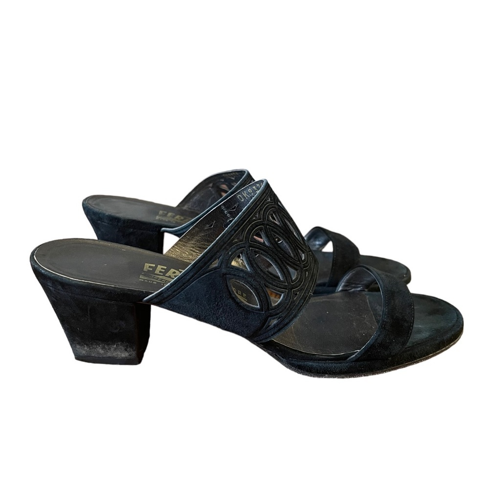 FERRAGAMO Black suede double strap slide on sandals Size 7
